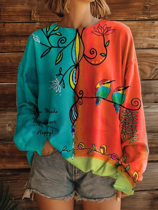 Women’s Printed Crew-Neck Sweatshirt – Long Sleeve Casual Top