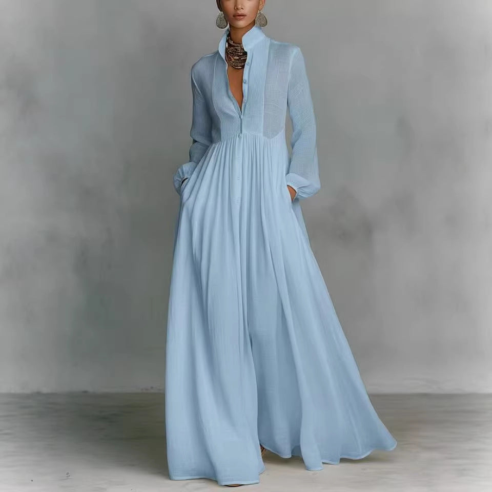 Women's French Style Long Sleeve Pleated A-Line Maxi Dress