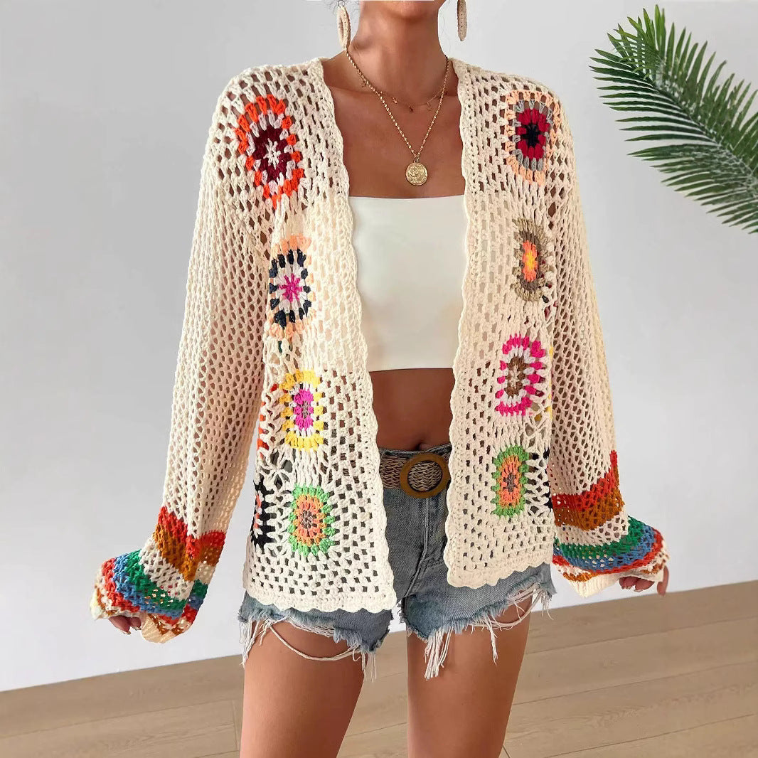 Hand-Crocheted Floral Cardigan Sweater | Boho Open Front Knit Top