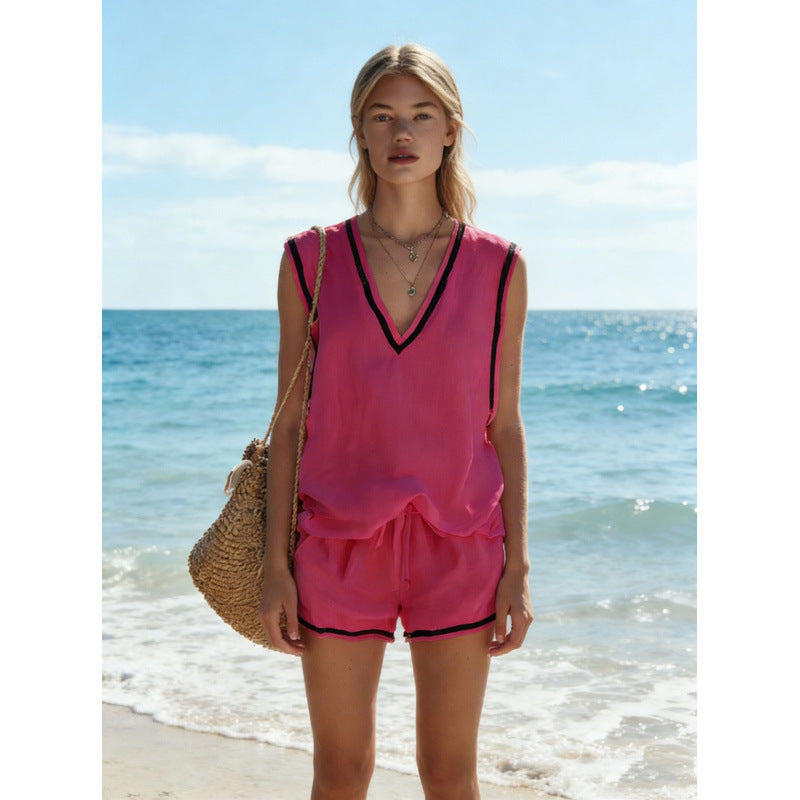 Women's V-Neck Vest & Shorts Two-Piece Set