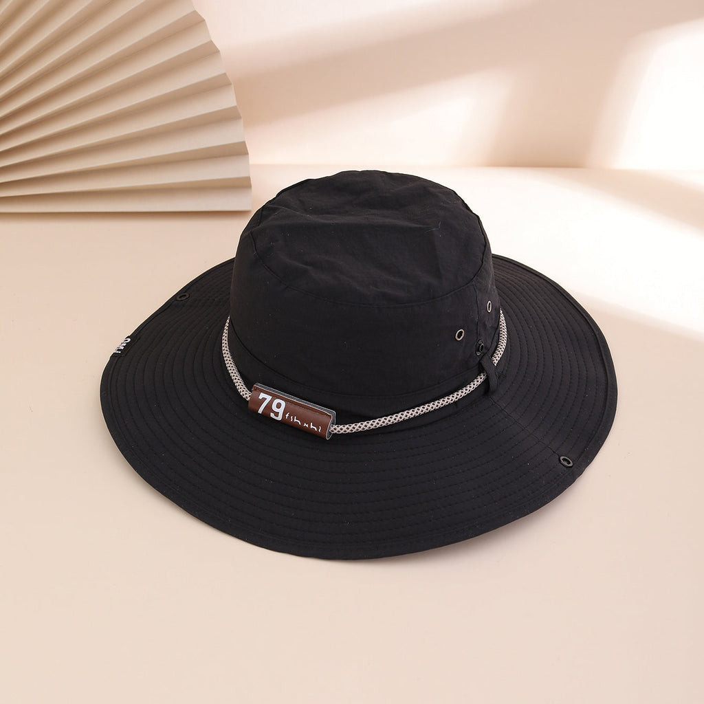 Wide-Brim Leather Patch Fisherman Hat – UV Sun Protection Outdoor Hat