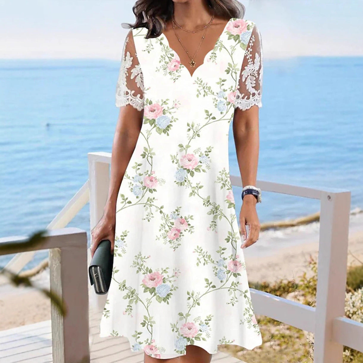Women's Floral Lace Flounce Neckline High-Waist A-Line Midi Dress