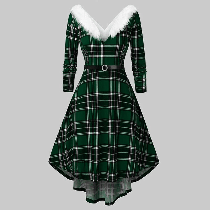 Christmas Women’s Fur Patchwork V-Neck Long-Sleeved Dress