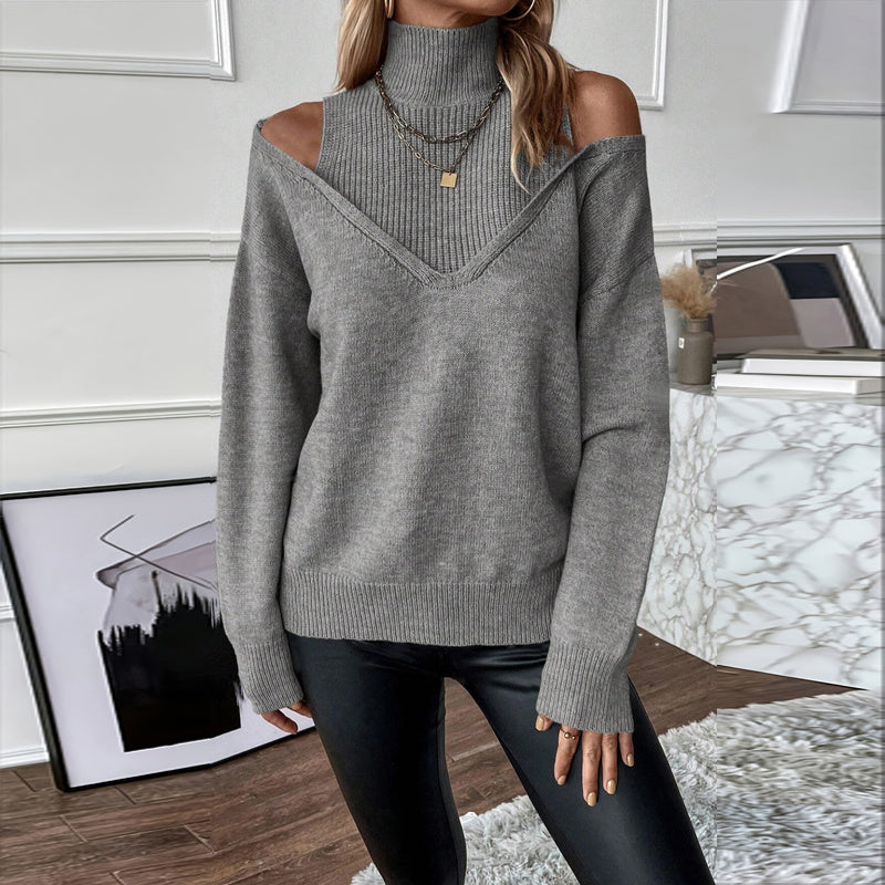 Women’s Elegant Off-Shoulder Turtleneck Sweater — Long Sleeve Knit Top