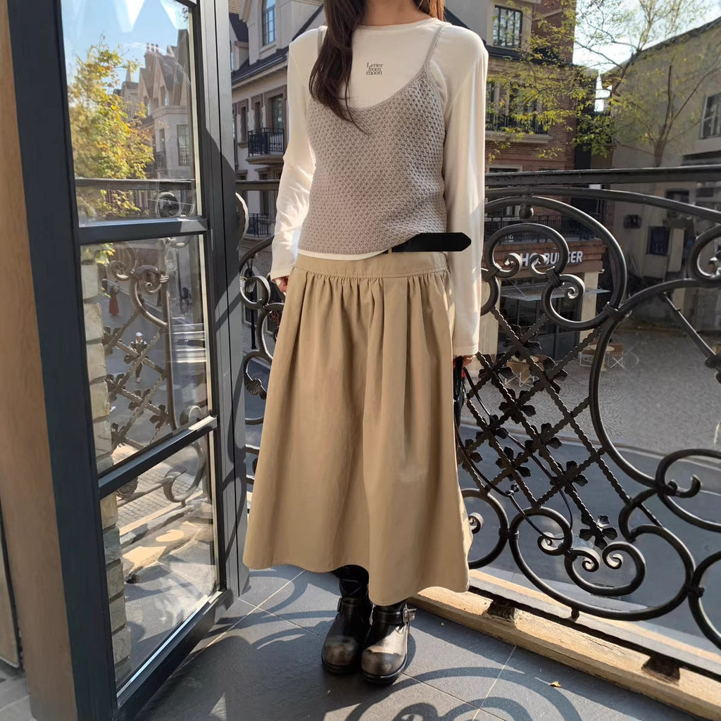 Relaxed A-Line Crushed Pleat Cotton Midi Skirt with Belt