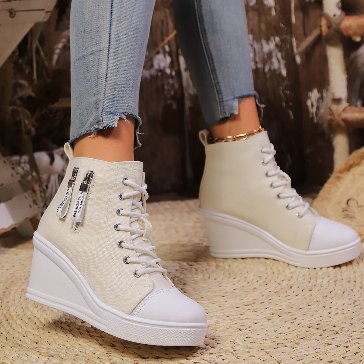 Women's Canvas Wedge Platform Lace-Up Sneakers