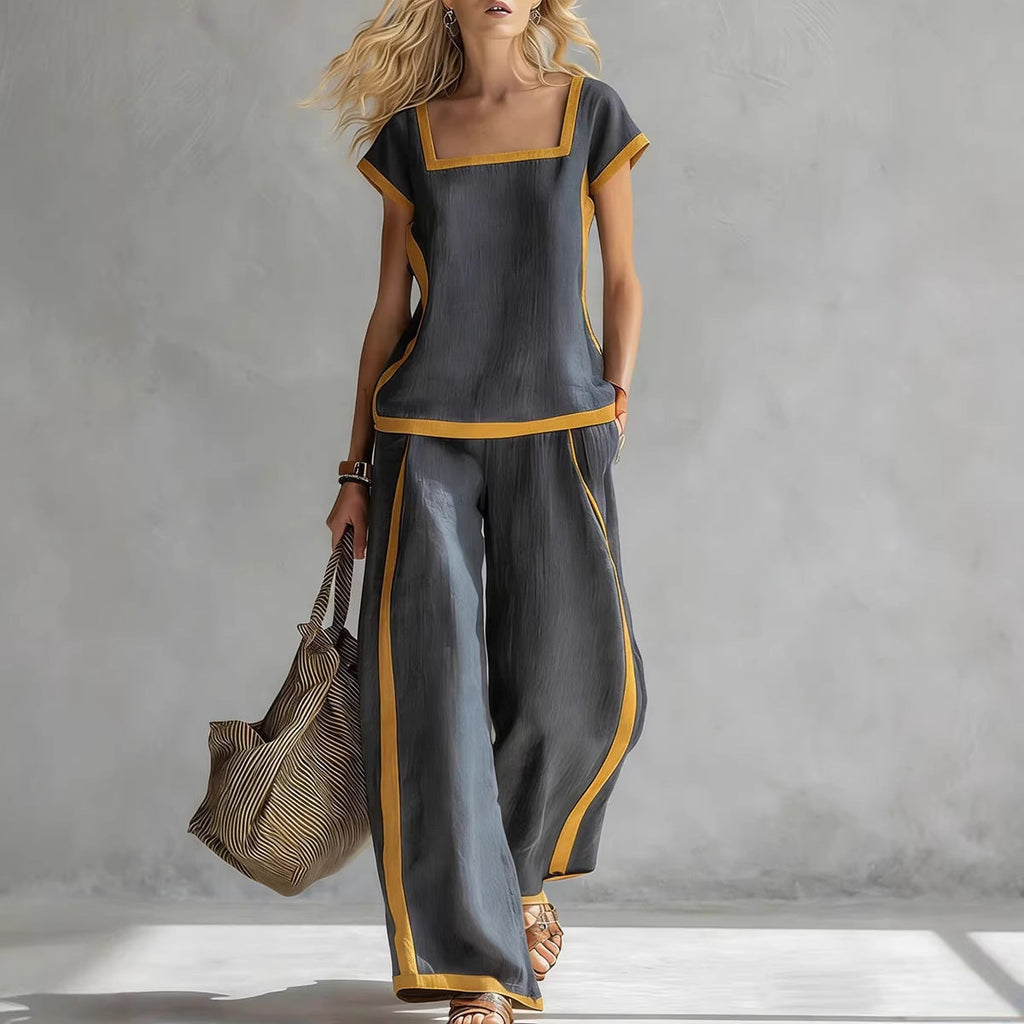 Square-Neck Three-Quarter Sleeve Loose Top & Pants Two-Piece Set