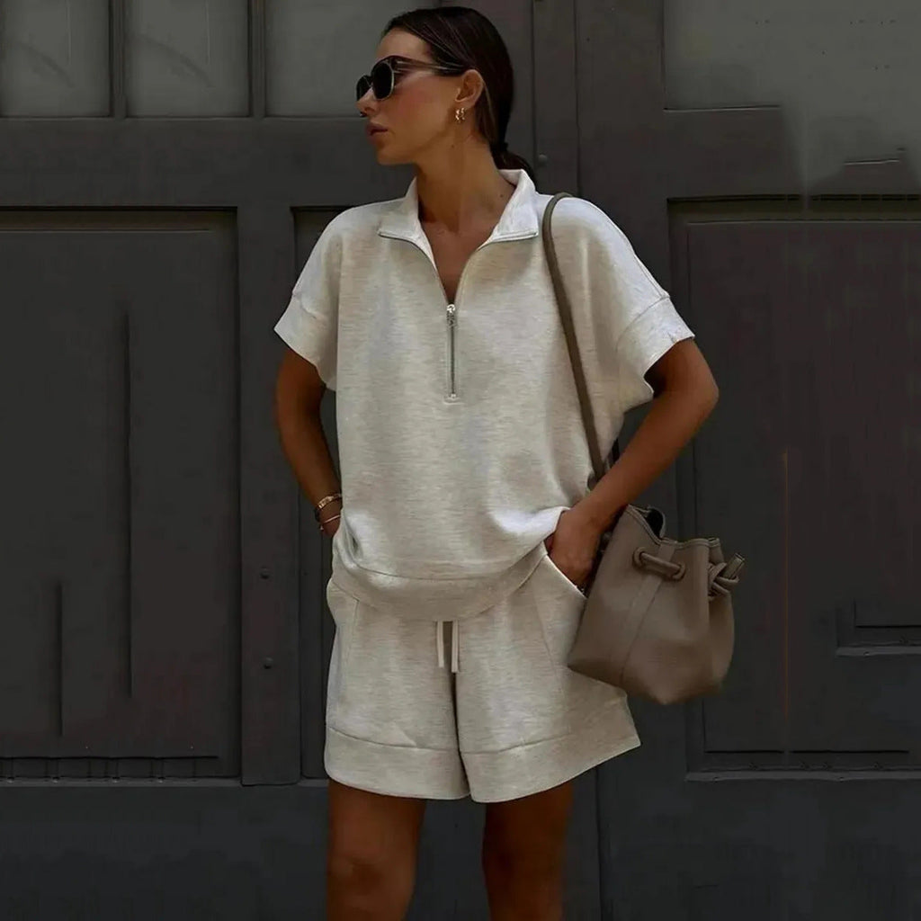 Women's Solid Color Sweatshirt Set – Casual 2-Piece Short Top & Pants