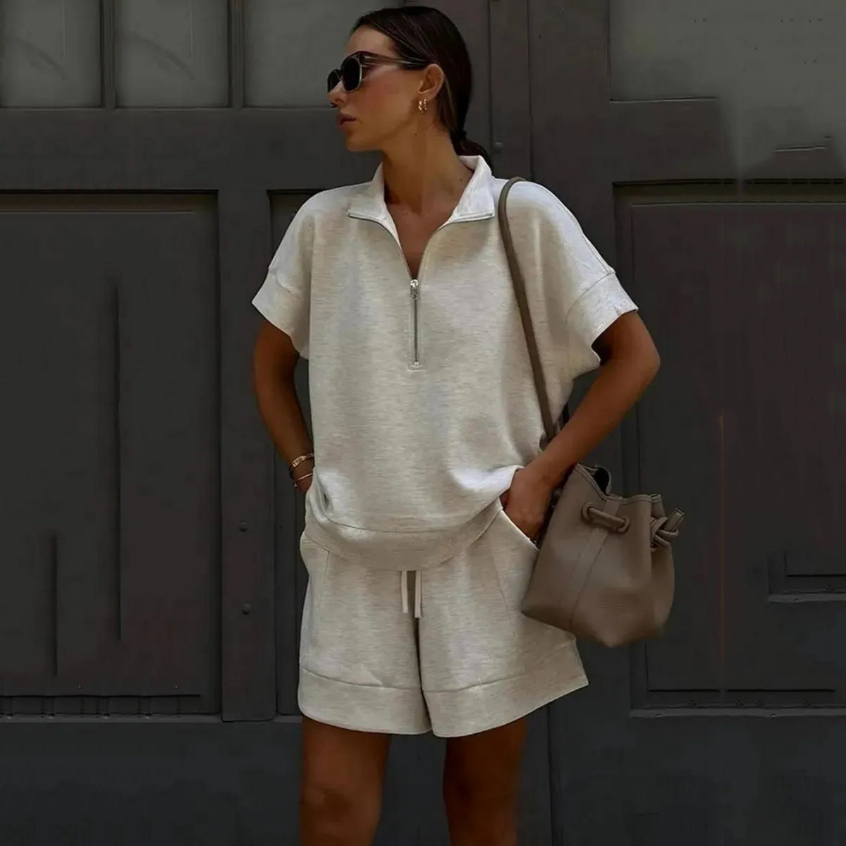 Women's Solid Color Sweatshirt Set – Casual 2-Piece Short Top & Pants