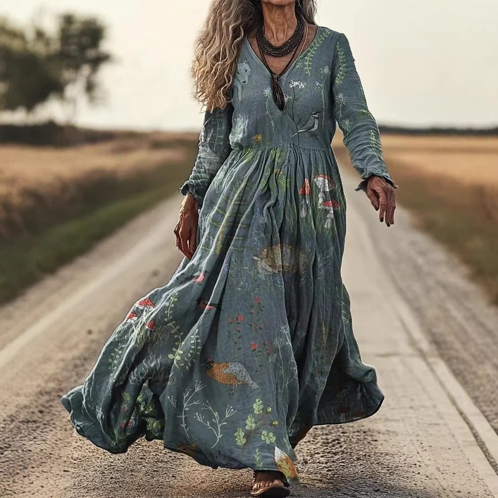 Women's Retro Chic 3D Print V-Neck Long-Sleeve A-Line Dress