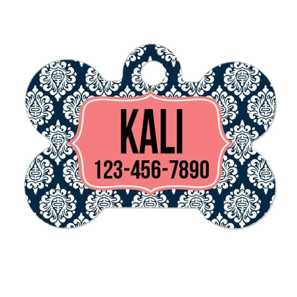Damask Navy Coral Dog ID Tag - Personalized Bone Dog Tag