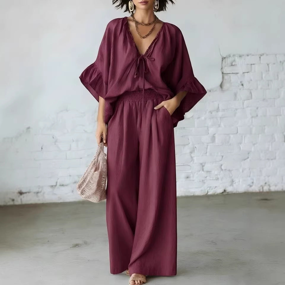 Women's Loose-Fit V-Neck Top & Wide-Leg Pants Two-Piece Set