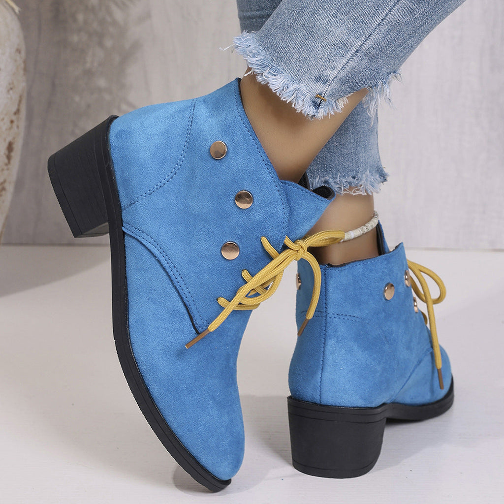 Women's Chunky Heel Pointed-Toe Lace-Up Ankle Boots