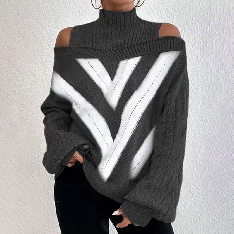 Women’s Elegant Off-Shoulder Turtleneck Sweater — Long Sleeve Knit Top