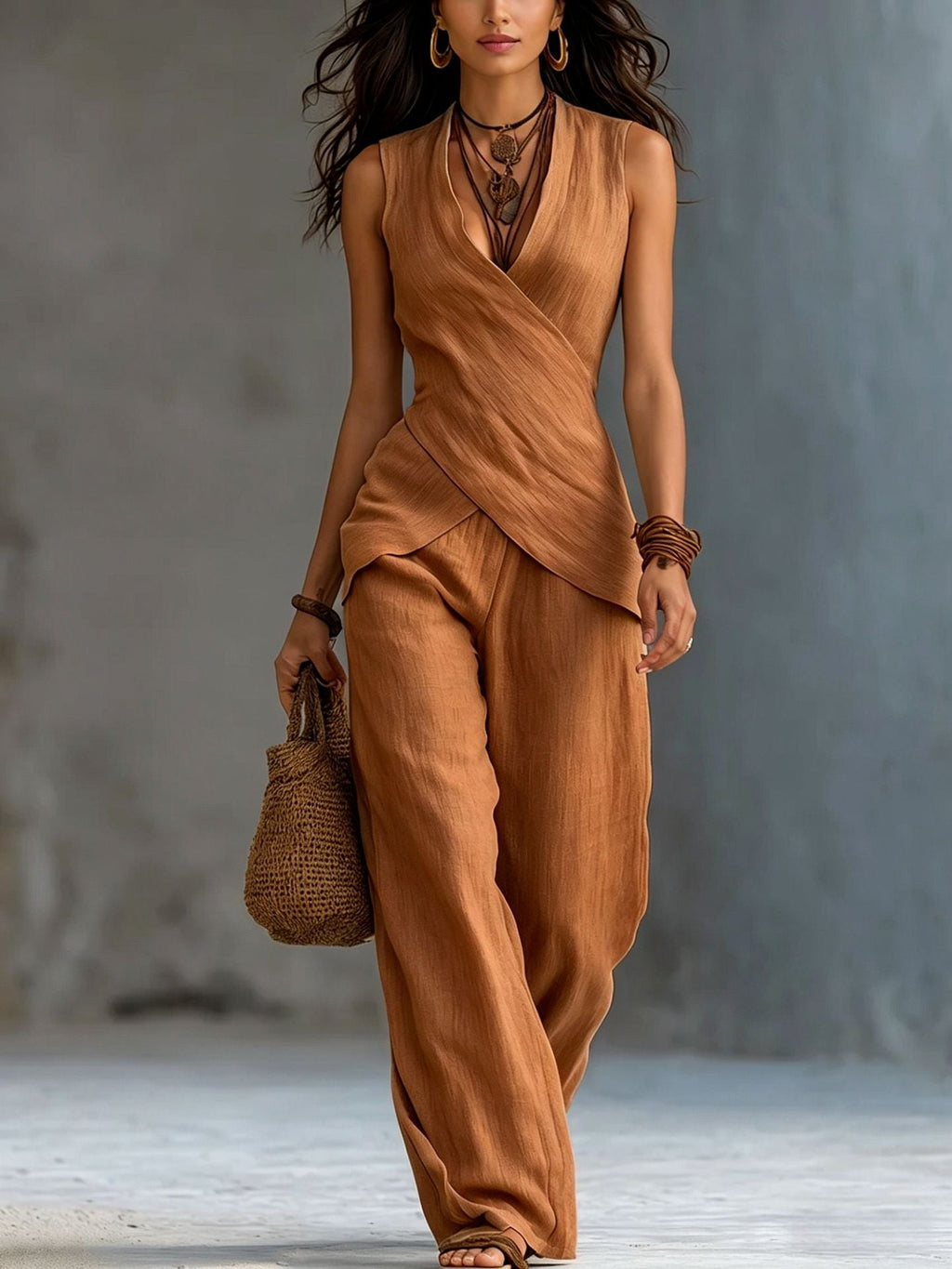 Women's V-Neck Crossover Tank Top & Casual Trousers Two-Piece Set