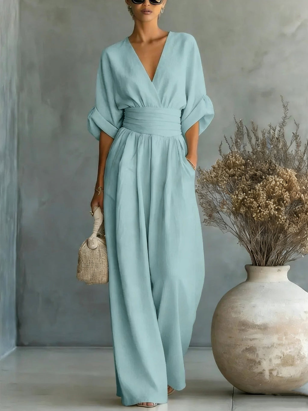 Women's V-Neck Wide-Leg Jumpsuit – High Waist Pleated Elegant 11 Colors S–5XL