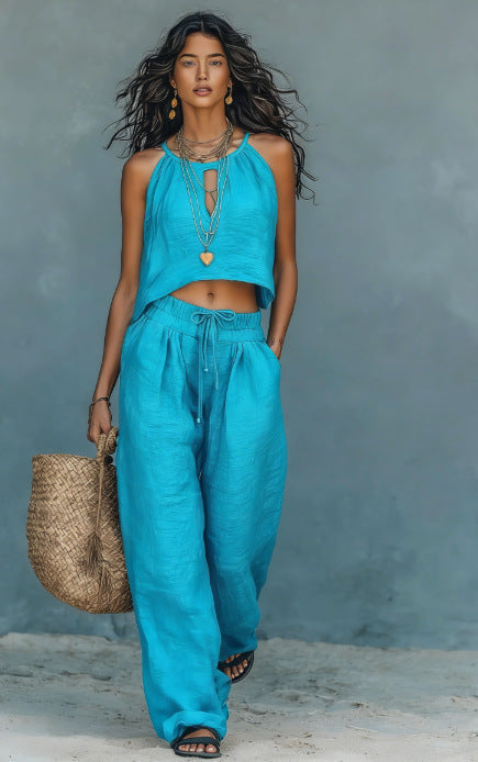 Women's Sleeveless Tank Top & Wide-Leg Pants Set – Linen Blend Summer Two-Piece