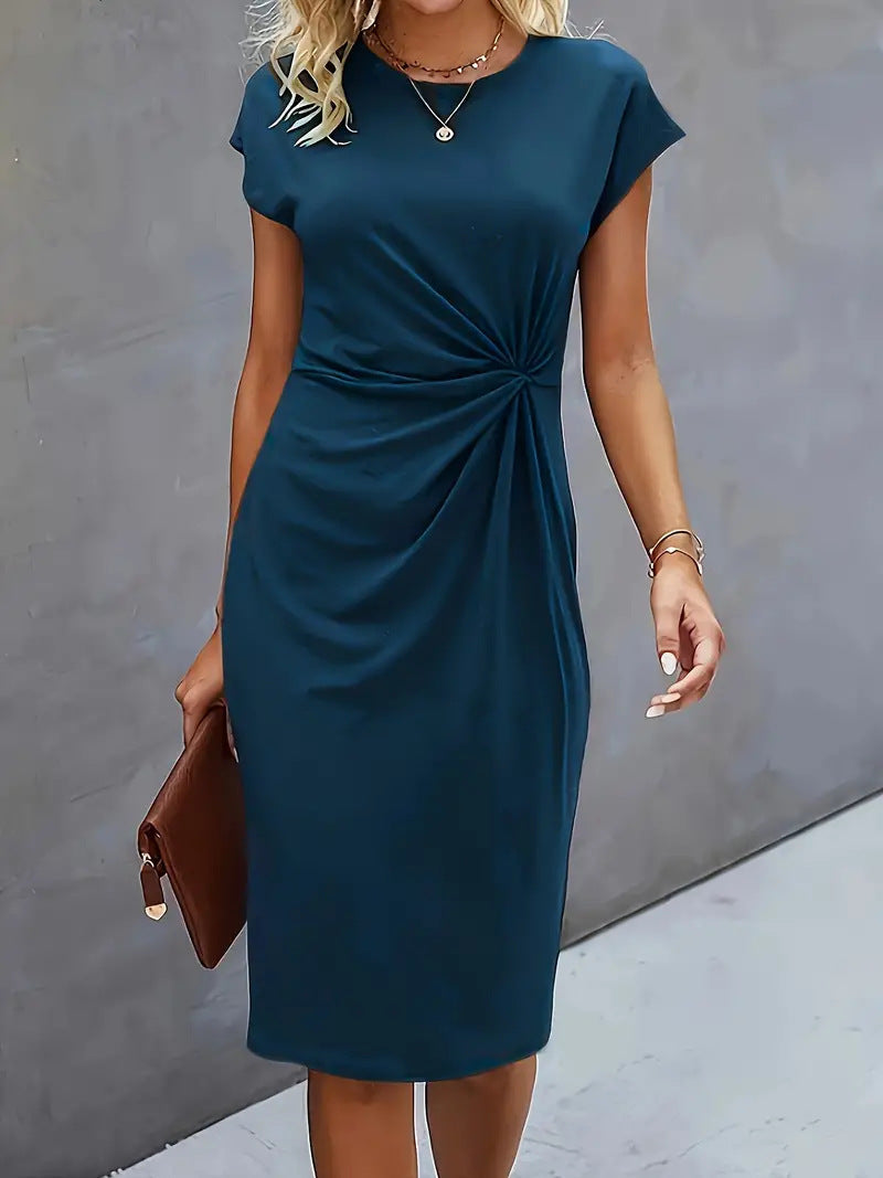 Front Knot Bodycon Midi Dress – Round Neck Sleeveless Tie Dress