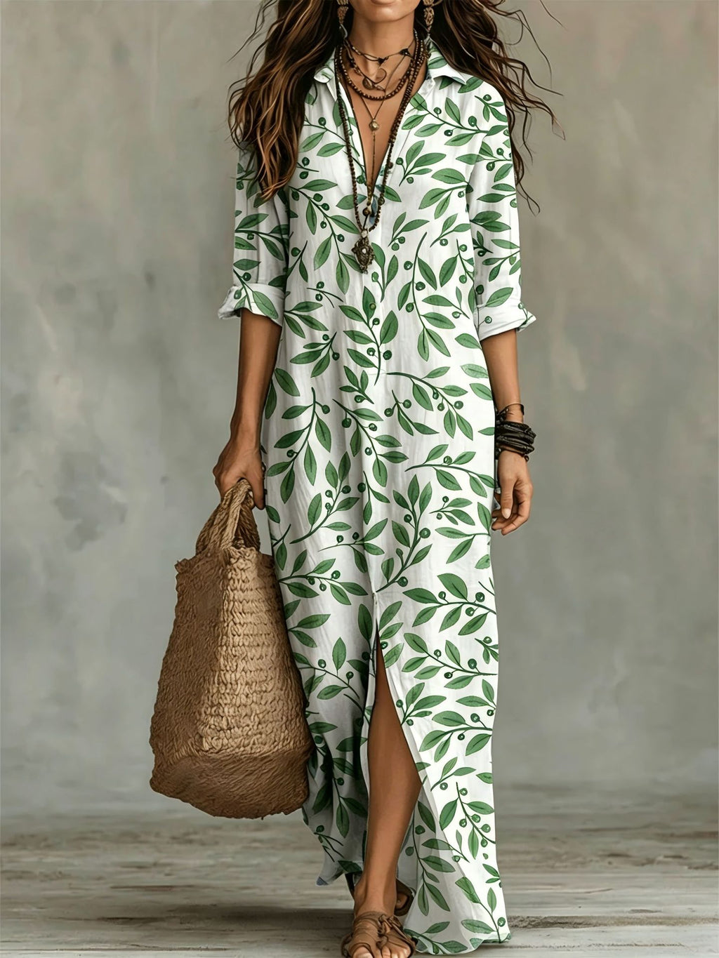 Digital Print Lapel Midi Shirt Dress – 5 Colors, S–3XL