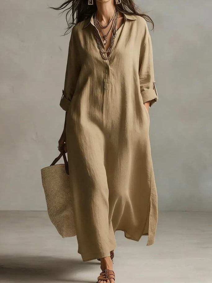Women's Casual Long-Sleeve Linen Shirt Dress – Relaxed Fit