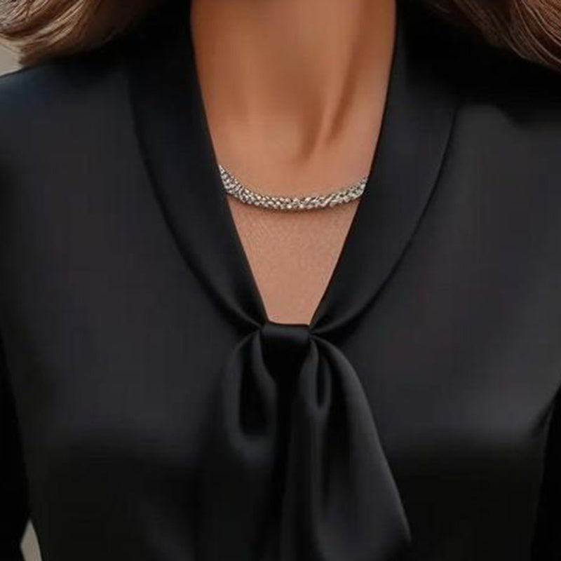 Elegant Satin Ribbon Blouse — Long Sleeve Button-Down Work Shirt