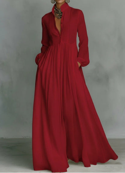 Women's French Style Long Sleeve Pleated A-Line Maxi Dress