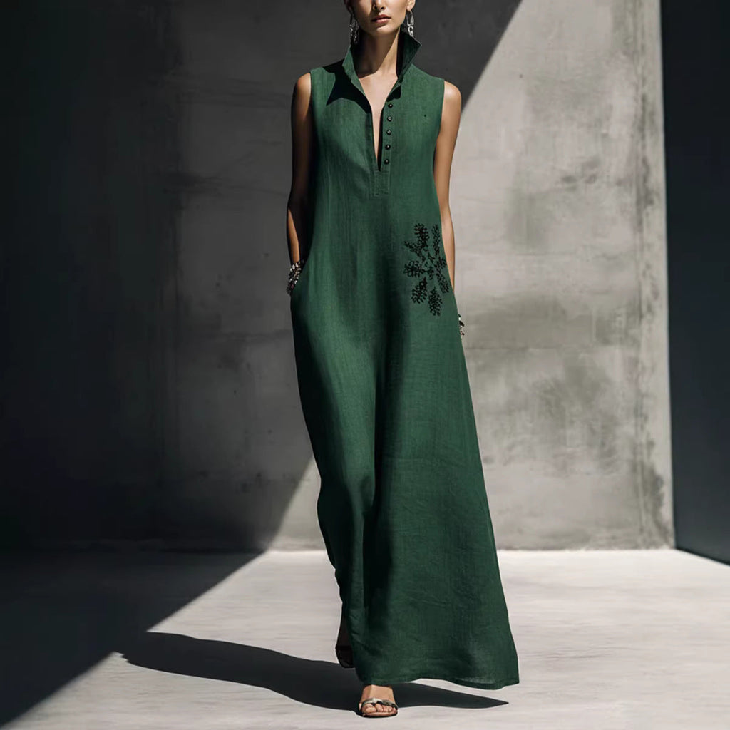 Women's Cotton Linen Mandarin Collar Maxi Dress – Graphic Print with Pockets