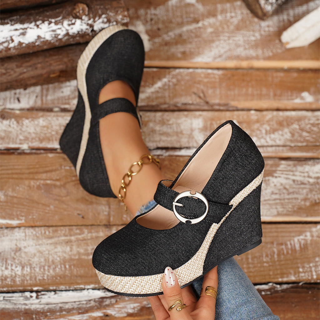 Women's Platform Wedge Pumps | Round-Toe Buckle Waterproof Thick Sole Shoes in Black & Blue | EU 36–43