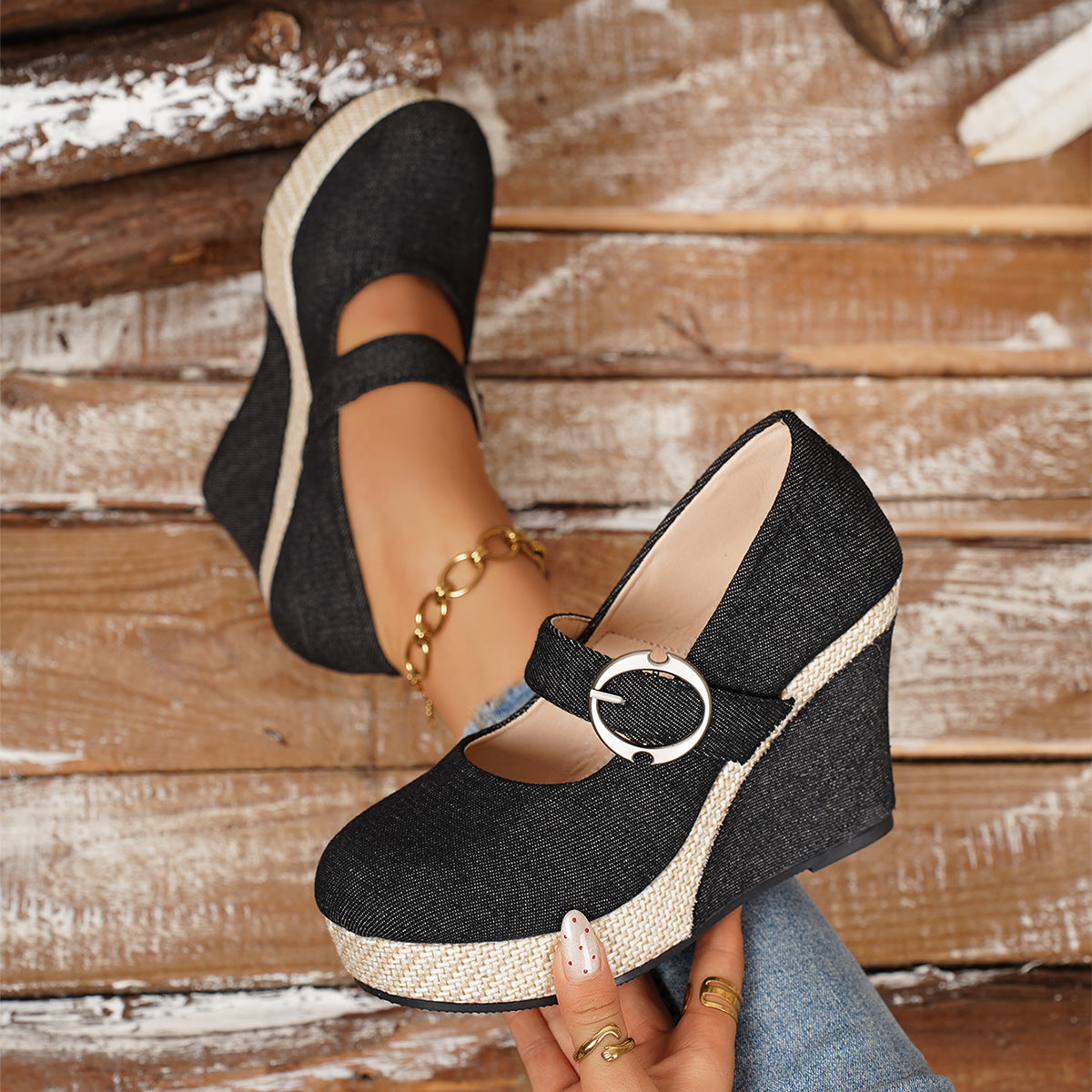 Women's Platform Wedge Pumps | Round-Toe Buckle Waterproof Thick Sole Shoes in Black & Blue | EU 36–43