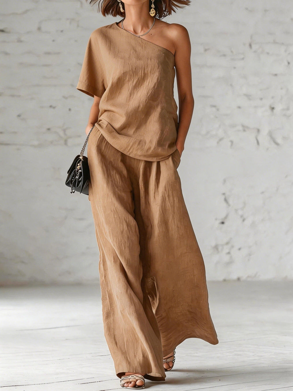 Women's Wide-Leg Pants & Top Set – 2-Piece Three-Quarter Sleeve Outfit
