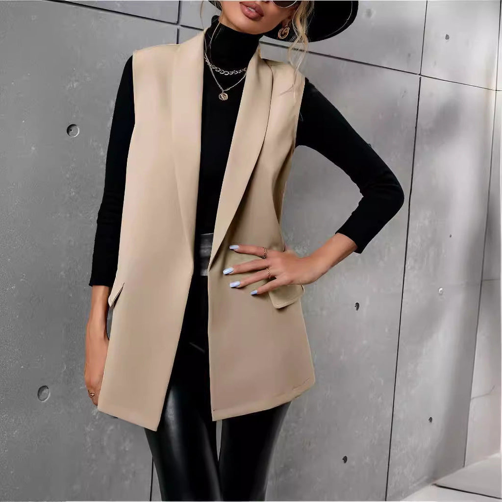 Women’s Mid-Length Suit Vest – Sleeveless Office Blazer