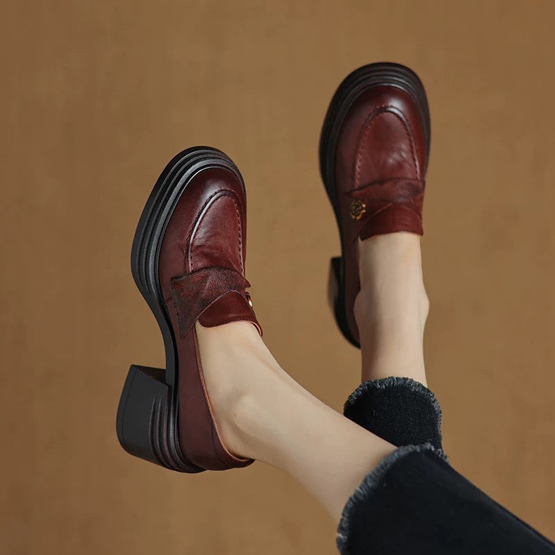 Women’s Vintage Chunky Heel Leather Shoes – Retro Style