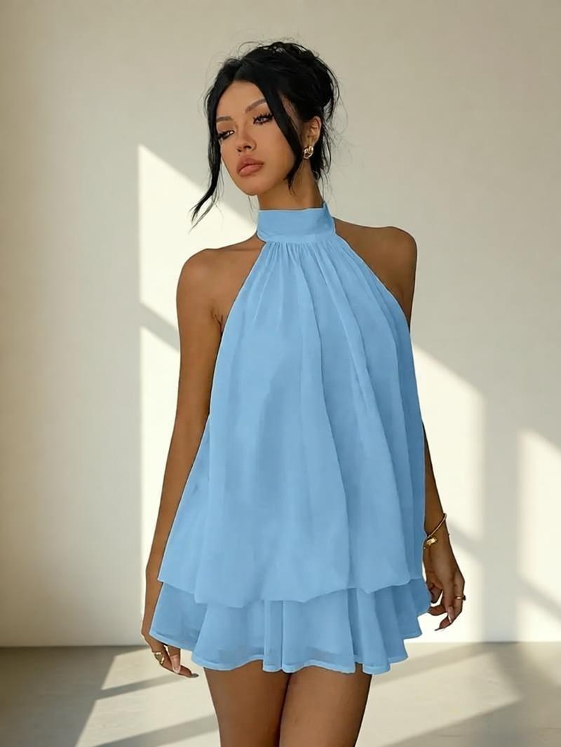 Women's Chiffon Halter Mini Dress – High-Waist Open-Back A-Line Dress
