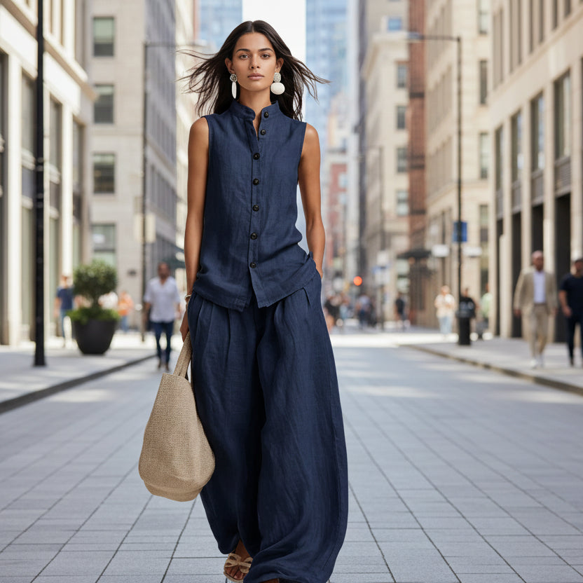 Women's Stand Collar Sleeveless Top & High-Waist Wide-Leg Pants Set