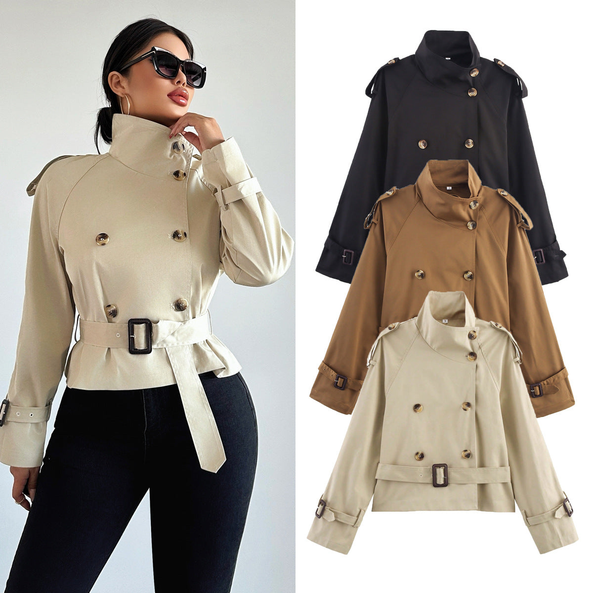 Women's Notch-Collar Short Trench Coat with Belt Buckle Detail