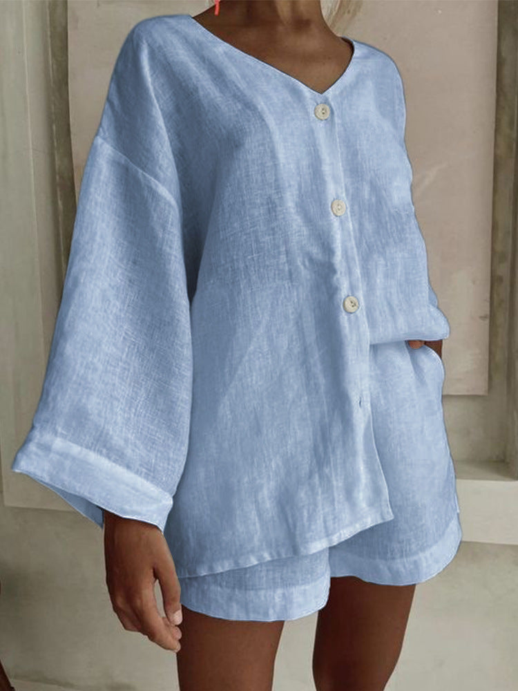Women's Cotton Linen Shirt & Shorts Set – Long Sleeve, Button, Casual 2-Piece
