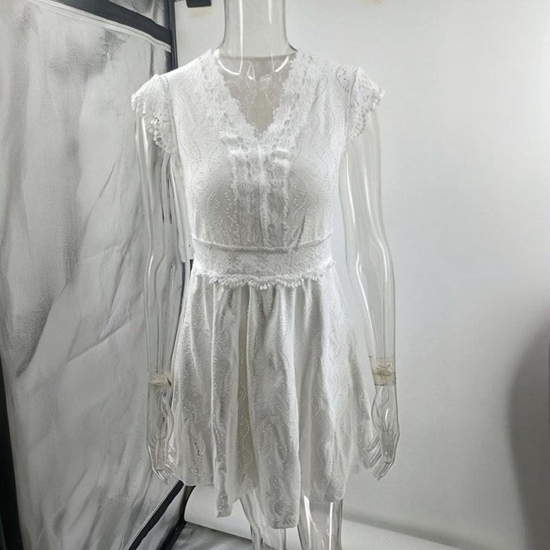 Women’s V‑Neck Short‑Sleeve Dress with Lace Trim