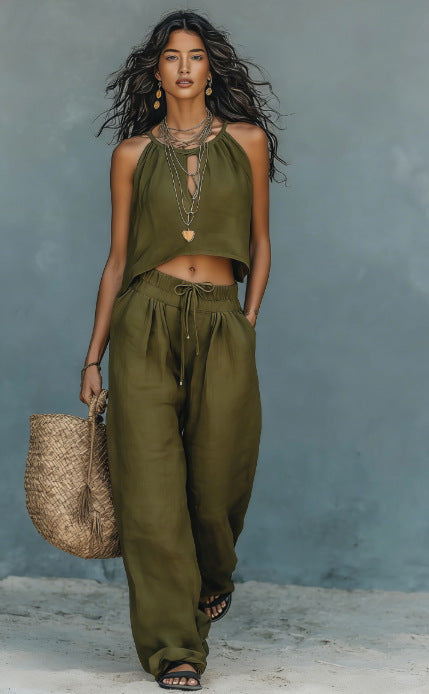 Women's Sleeveless Tank Top & Wide-Leg Pants Set – Linen Blend Summer Two-Piece