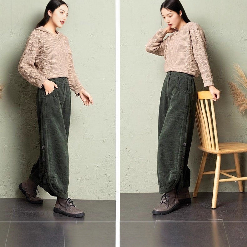 Corduroy Wide-Leg Pants with Lace-Up Detail | Street Style
