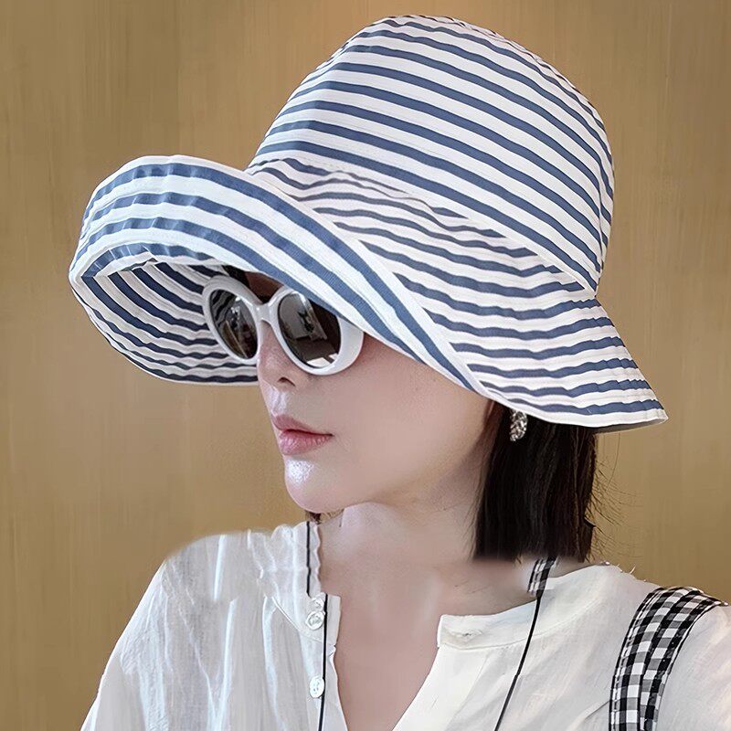 Women's Wide-Brim Striped Sun Hat – UV Protection & Adjustable Fit