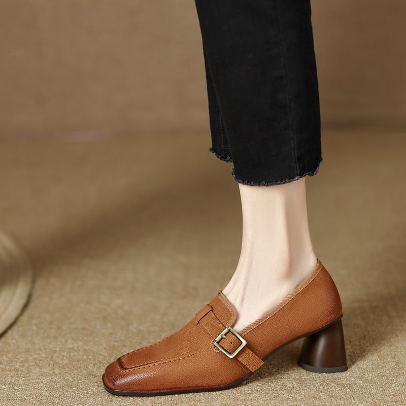 Women's Retro British Style Chunky Heel Leather Shoes – Round Toe Commuter