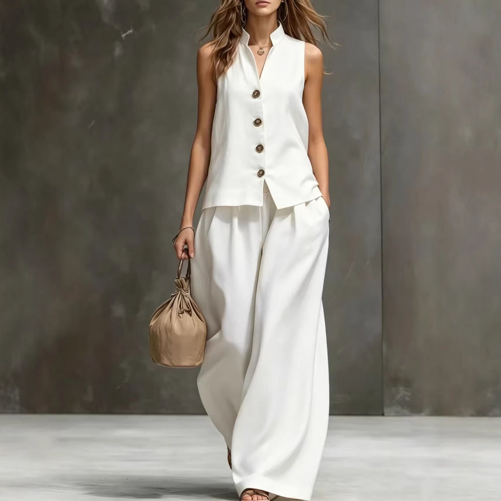 Women's Sleeveless Vest & Wide-Leg Pants Two-Piece Set – Cotton Linen