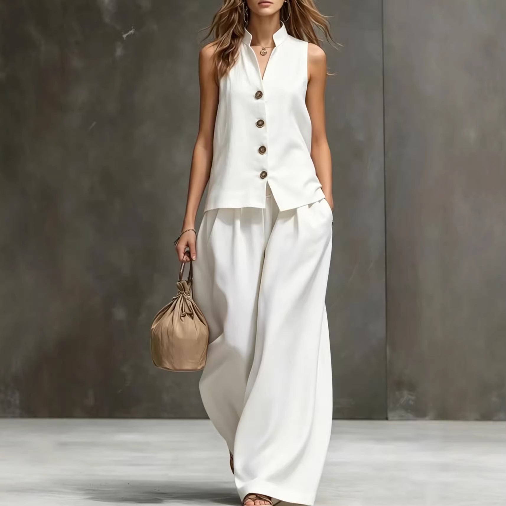 Women's Sleeveless Vest & Wide-Leg Pants Two-Piece Set – Cotton Linen