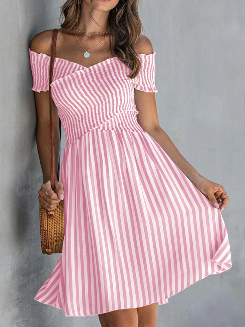Women's Off-Shoulder Striped Waist-Cinching Midi Dress