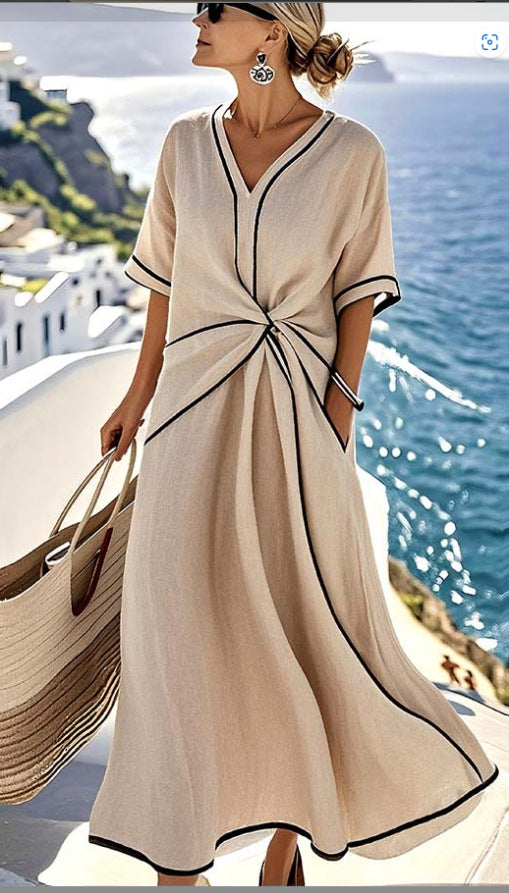 Striped Print Maxi Dress – Short Sleeve Beach Vacation Dress