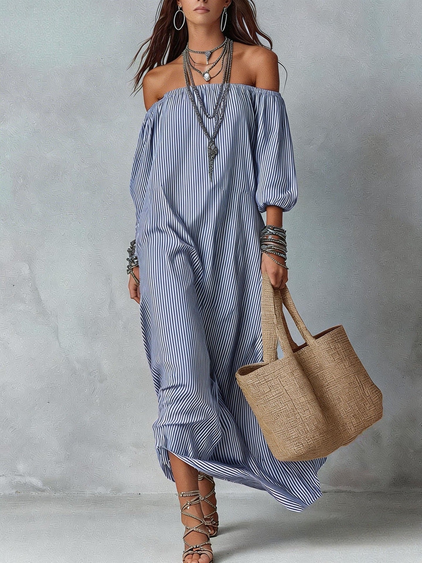 Women's Striped Loose-Fit Flared Maxi Dress – Holiday & Vacation
