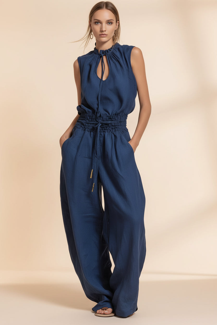 Women's Sleeveless High-Waist Wide-Leg Pleated Jumpsuit