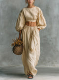 Women's Puff-Sleeve Crew-Neck Two-Piece Set with Pockets