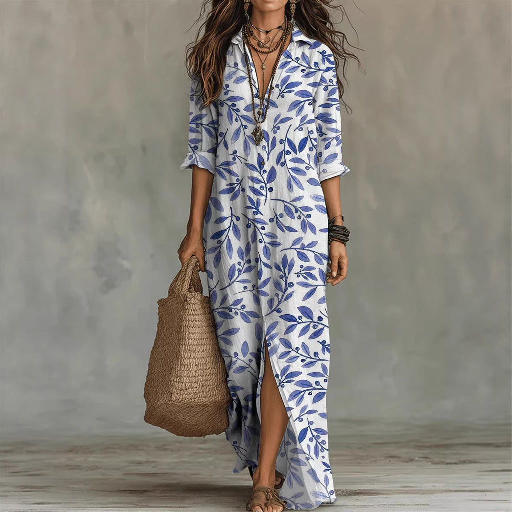 Digital Print Lapel Midi Shirt Dress – 5 Colors, S–3XL