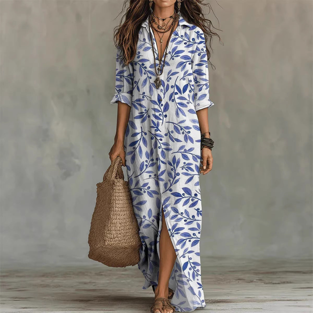 Digital Print Lapel Midi Shirt Dress – 5 Colors, S–3XL